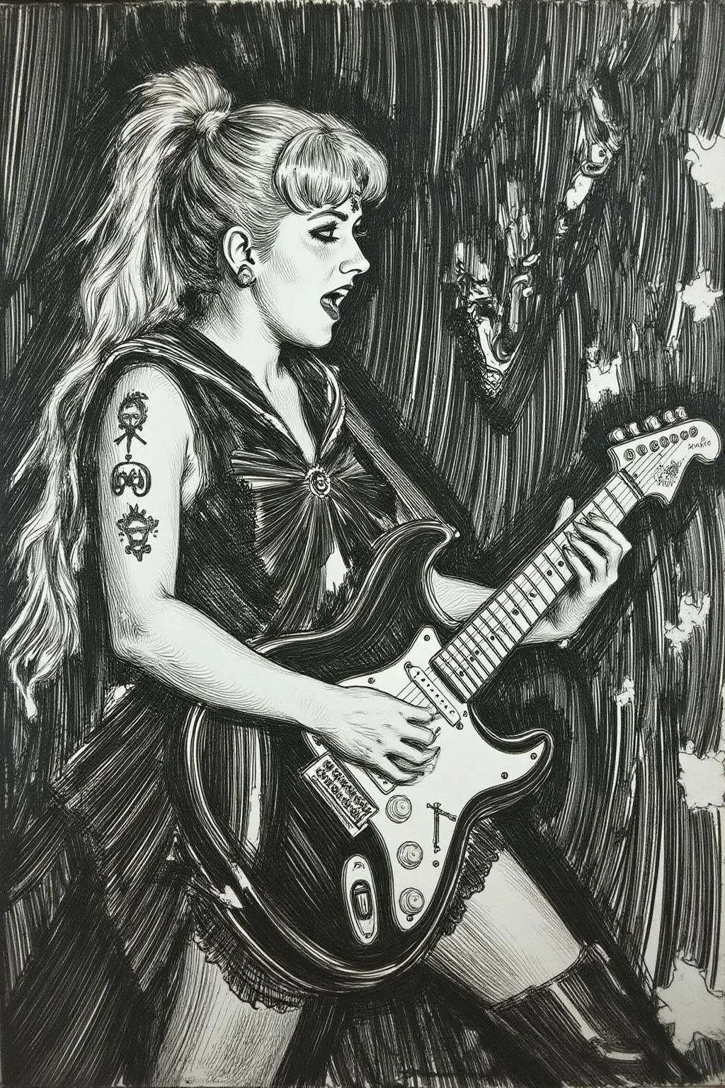 anzo1 black and white etching.
punk sailor moon playing a guitar at a heavy metal mosh pit, tattoos, piercing. <lora:anzo1_nocap_d6a3:1.0><lora:815136599236131317:0>