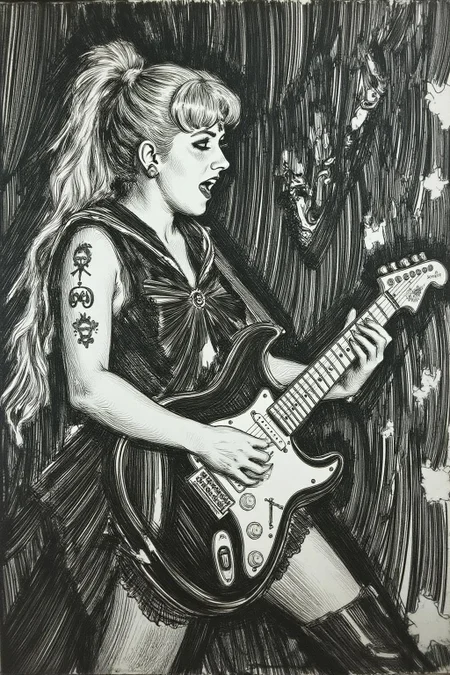 anzo1 black and white etching.
punk sailor moon playing a guitar at a heavy metal mosh pit, tattoos, piercing. <lora:anzo1_nocap_d6a3:1.0><lora:815136599236131317:0>
