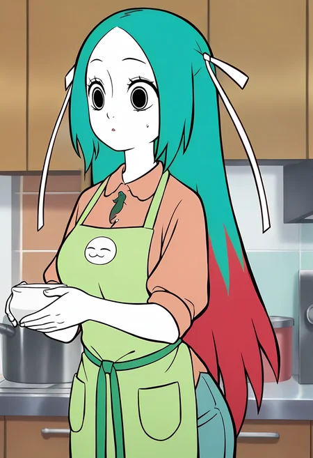 <lora:jingwei:1>,jingwei,1girl,solo,long hair,multicolored hair,red hair,green hair,hair ribbon,white ribbon,black_pulpil,white skin,
 green apron, shirt,, masterpiece,best quality,amazing quality,absurdres, anime screenshot,