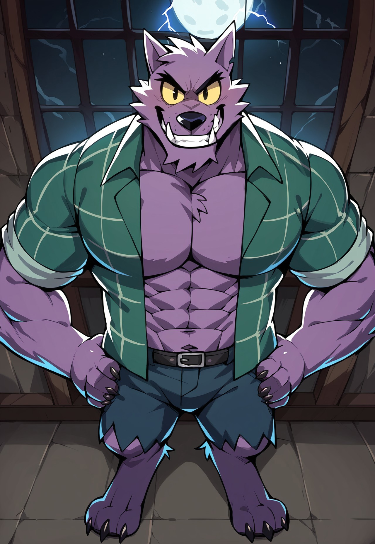 score_9, score_8_up, score_7_up, score_6_up, source_furry, hi res, highly detailed, inside mansion, night, dark, dim lighting, lightning, moon, by window, dynamic angle, Bernand, Werewolf, Purple Fur, Yellow Sclera, Green Striped Shirt, Shorts, Yellow Sclera, Black Eyes, no_irises, solo, male anthro, looking at viewer, grin, big muscles, pecs, mature, hands on hips