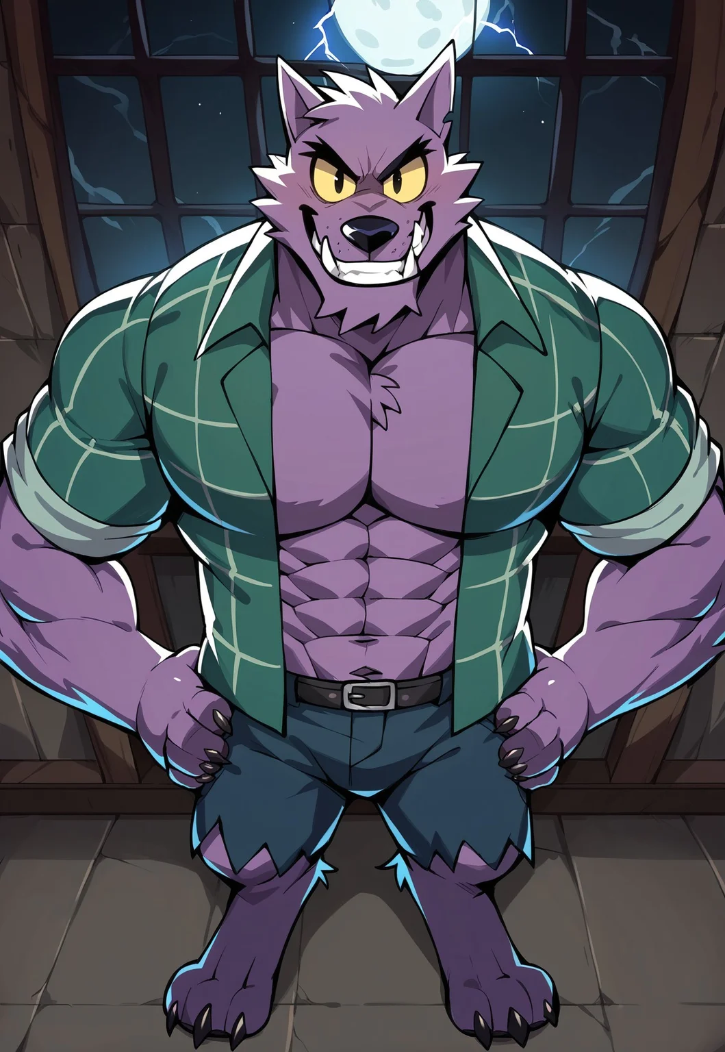 score_9, score_8_up, score_7_up, score_6_up, source_furry, hi res, highly detailed, inside mansion, night, dark, dim lighting, lightning, moon, by window, dynamic angle, Bernand, Werewolf, Purple Fur, Yellow Sclera, Green Striped Shirt, Shorts, Yellow Sclera, Black Eyes, no_irises, solo, male anthro, looking at viewer, grin, big muscles, pecs, mature, hands on hips