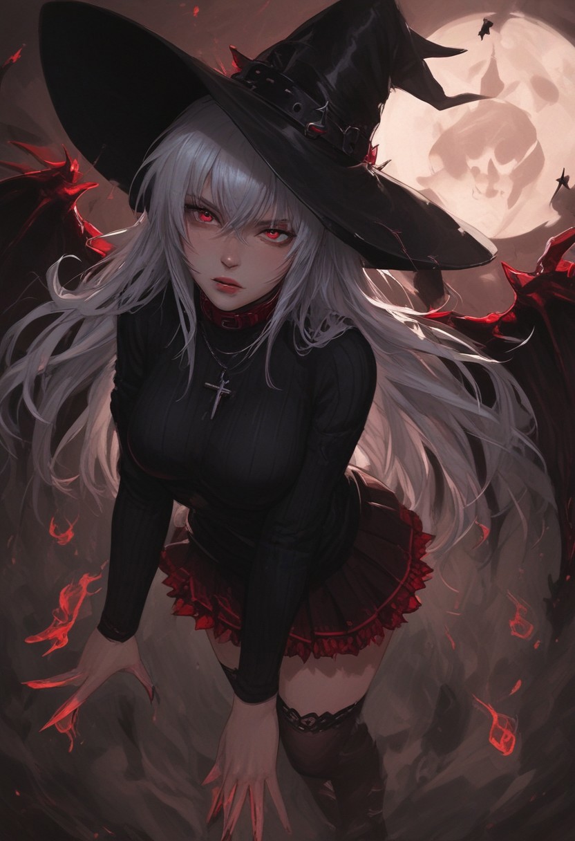 score_9, score_8_up, score_7_up, score_6_up.
\(Rias Gremory\), perfect face, witch, red eyes,  bobbed white hair, orange witch hat, red collar, cross necklace, black off the shoulder knitted sweater, pleated skirt, thigh highs, elbow sleeves.
BREAK;
\(Rias Gremory\) (flying:1.5) 
BREAK;
The background is (Halloween night) above a (haunted graveyard), dark, shadows, from above, fog, night sky, enchanted moon.
BREAK;
easynegative, Expressiveh, g0thicPXL, glowing, neon,