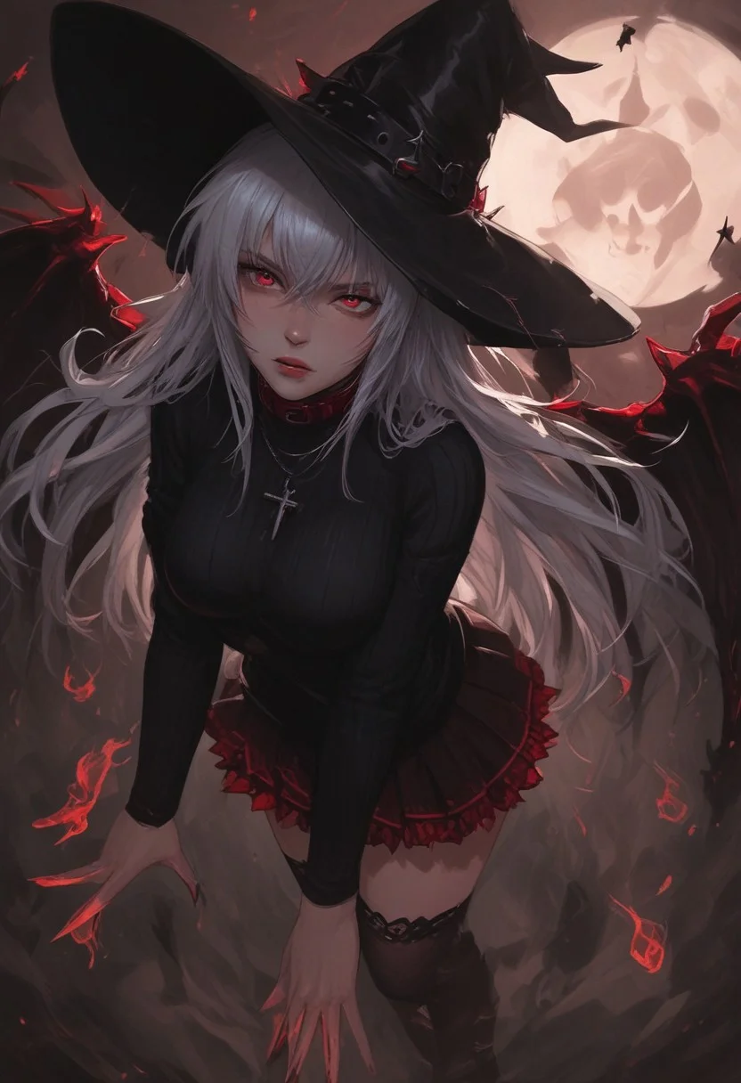 score_9, score_8_up, score_7_up, score_6_up.
\(Rias Gremory\), perfect face, witch, red eyes,  bobbed white hair, orange witch hat, red collar, cross necklace, black off the shoulder knitted sweater, pleated skirt, thigh highs, elbow sleeves.
BREAK;
\(Rias Gremory\) (flying:1.5) 
BREAK;
The background is (Halloween night) above a (haunted graveyard), dark, shadows, from above, fog, night sky, enchanted moon.
BREAK;
easynegative, Expressiveh, g0thicPXL, glowing, neon,