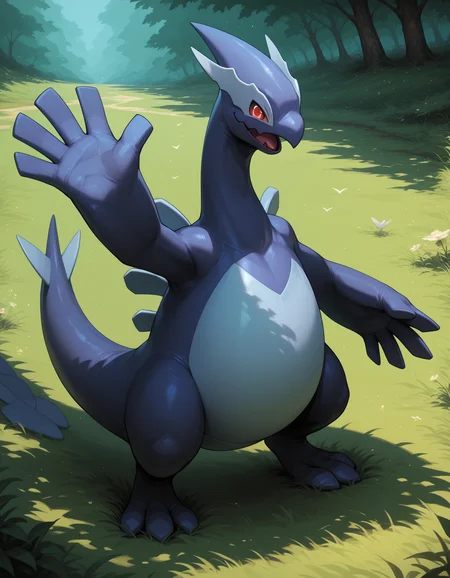 zPDXL3, score_9, score_8_up, score_7_up, score_6_up, detailed face, detailed eyes, detailed body, detailed background, perfect anatomy, masterpiece, high quality, best quality, rating_safe, digital media \(artwork\) BREAK solo, outside, grass field, shadow lugia, pokemon (creature), red eyes, waving <lora:ShadowLugia_Pokemon_V1:1> <lora:detailed_notrigger:1>