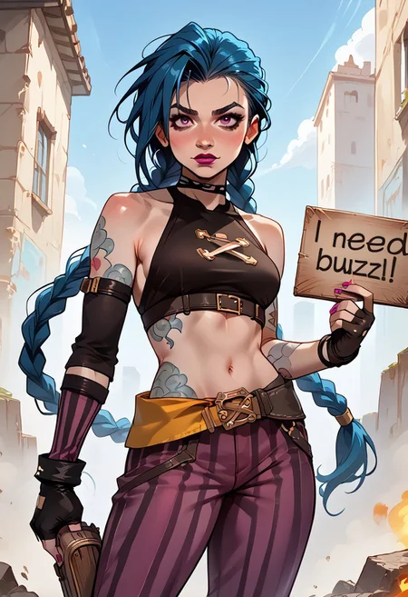 masterpiece,best quality, highly detailed, score_9, score_8_up, score_7_up, 1girl, high quality, best quality,  long hair, twin braids, bare shoulders, choker, crop top, fingerless gloves, detached sleeves, single sleeve, midriff, belt, nail polish, tattoo, bandaid on leg, pants, boots, striped, need_buzz, holding sign