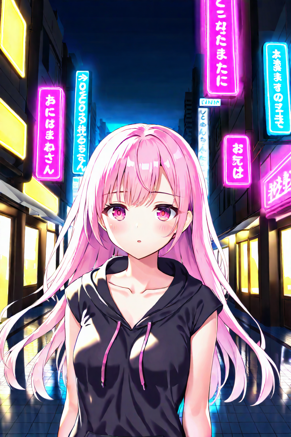 1girl, upper body, long hair, pink hair, pink eyes, black hoodie, cap sleeves, collarbone, outdoors, city, street, neon lights, tile floor, night, night sky <lora:CapSleeves_A4_Opt_v4:1>