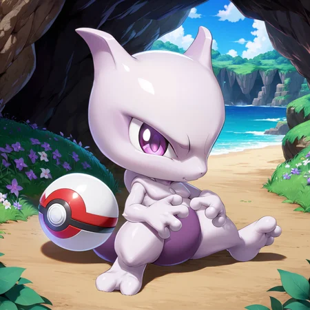 (pokeball), <lora:MewTwoXL:0.75> mewtwoxl, white arms, white fur, smile, purple eyes, toes, cave, (anime, masterpiece, intricate:1.3), (best quality, hires textures, high detail:1.2), (4k),(incredibly detailed:1.4),UHD, 8K, ultra detailed