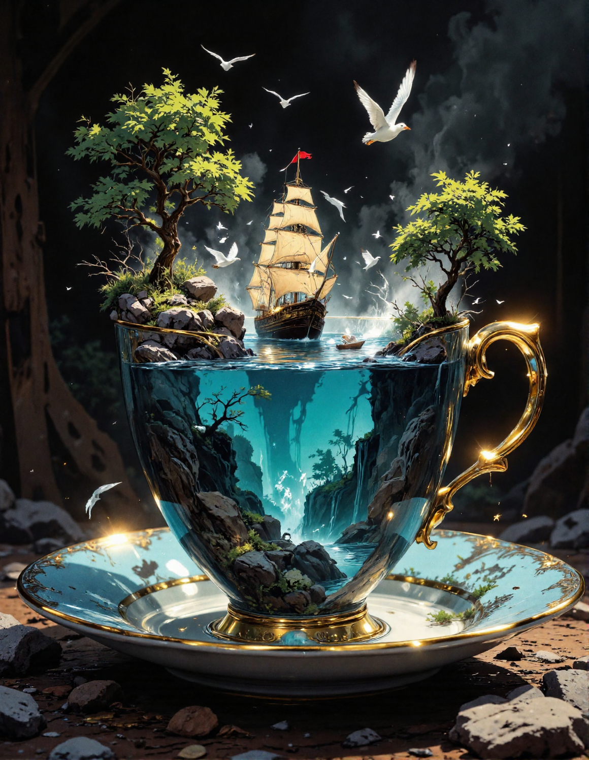 a blue and gold teacup filled with water and a ship. The teacup has an ornate handle and is decorated with gold. Inside the teacup is blue water that is wavy, and a sailing ship is in the water, partially underwater. There are also small trees and a waterfall inside the teacup.  Several tiny seagulls are flying around the teacup and ship. The teacup is sitting on a dark, rocky surface that looks wet and has small puddles. The image shows a teacup, ship, water, trees, waterfall, and seagulls, <lora:RetroAnimeFluxV1:0.3>, <lora:VividlySurreal:0.5>, <lora:aidmaFLuxPro1.1_v0.3:0.6>, <lora:Anime Art V3:1>
