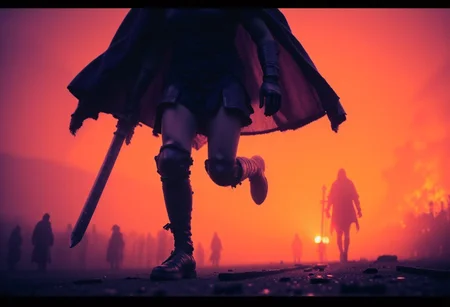 A cinematic side view capturing only the lower half of a female knightess mid-run, frozen in motion. The scene focuses entirely on the space between her high armored boots and the edge of her short, metal battle skirt. Her muscular thighs flex with every stride, the taut, toned skin illuminated by moody, directional light that glints off the polished surface of her armored socks and intricately etched knee-guards. The metal skirt flutters with her movement, momentarily lifting to reveal flashes of inner thigh—smooth, battle-hardened skin framed by the hard, angular lines of her armor. Every detail is alive with motion: the faint ripple of her thigh muscles, the subtle sheen of sweat, and the soft reflections dancing along the metal. Dust and light trail behind her like echoes of momentum, with hints of a flowing cloak barely visible at the top of the frame. The setting is a twilight-lit battlefield, glowing with the orange and violet hues of a distant firestorm, casting long, dramatic shadows and lending a surreal, dreamlike contrast to the sharp, grounded realism of her powerful stride. neon-mist, overexposed