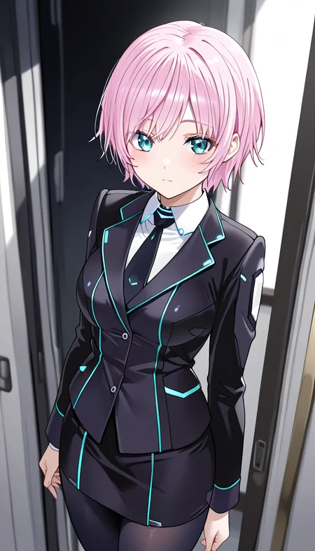 masterpiece, best quality, very aesthetic, absurdres,
solo, 1girl,
nijiriri, blue eyes, green eyes, pink hair, short hair,
nijiriricos, white shirt, black necktie, black jacket, black skirt, miniskirt pencil skirt, black pantyhose,