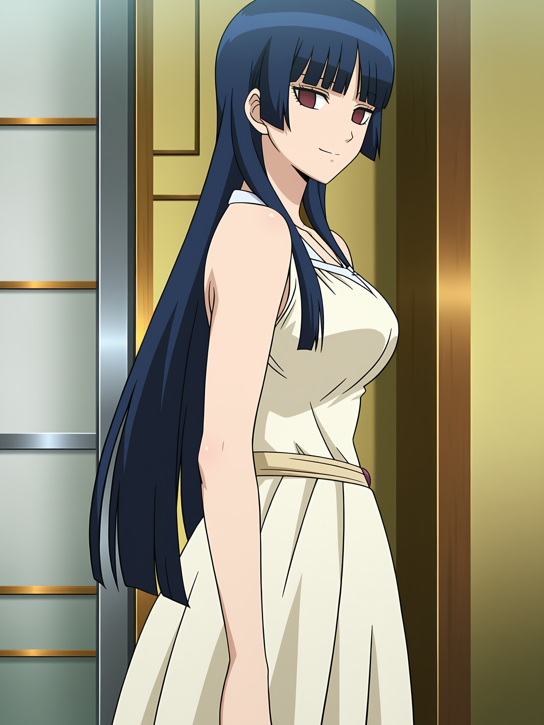 best quality, official art, anime screenshot, anime coloring, adult female, dress, looking at viewer, smile, 1girl, solo, medium breasts, dark blue hair, blunt bangs, long hair, dark crimson eyes, no pupil, empty eyes, imai_nobume, <lora:RGV_Nobumev2_GTM:0.9>