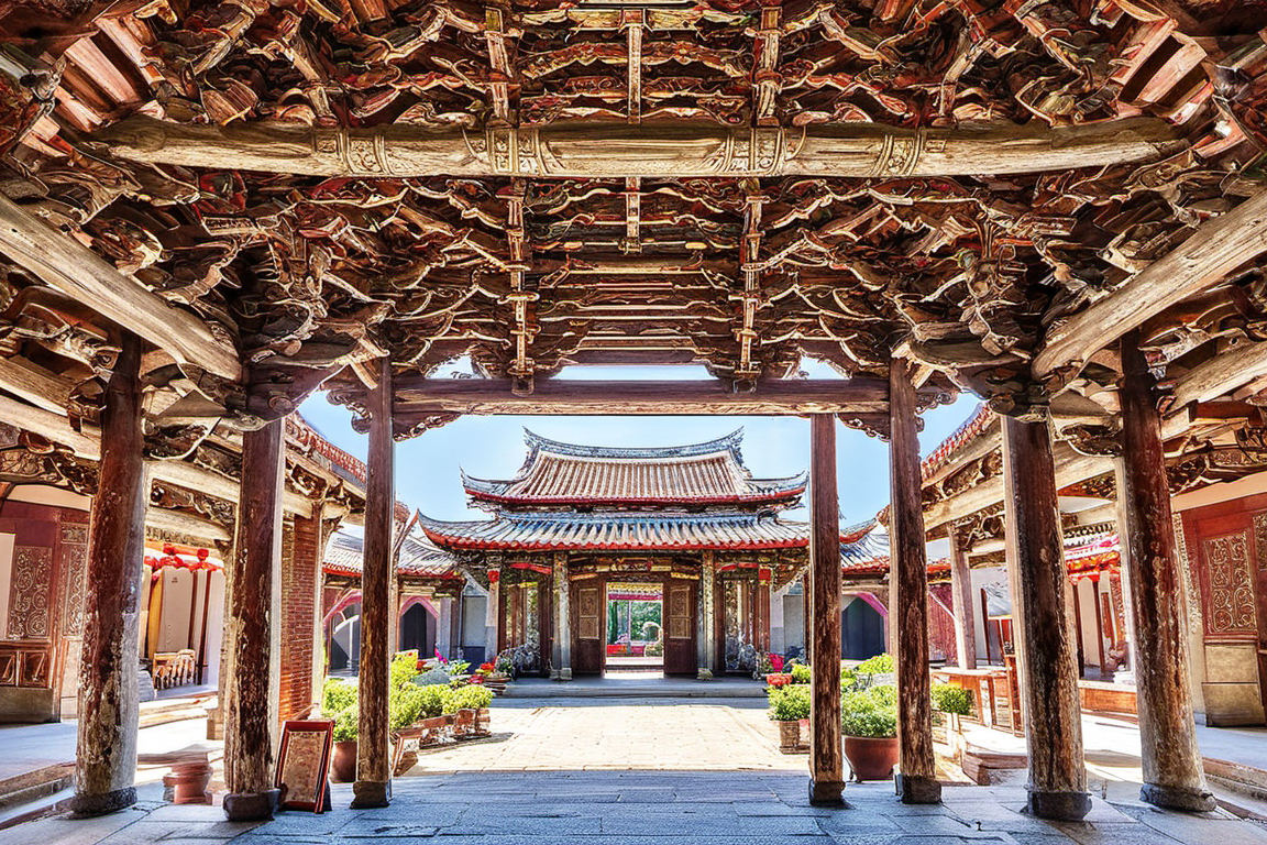 score_9, score_8_up, score_7_up, score_6_up, perfect proportions, best quality, masterpiece, high_resolution, high quality, aesthetic, absurdres, insanely detailed, BREAK architecture, landscape, scenery, subtropical environment, East Asian architecture, Taiwanese architecture, Taiwanese temple, traditional architecture, ancient architecture, historical heritage, Lukang Longshan Temple, ​Lok-kang Liong-san Temple, outdoor, wooden structure, East Asian hip-and-gable roof, double eaves, orange tiled roof, upward curve ridge roof, swallowtail roof, khiau-tsit roof, roof decoration, temple columns, stone sculptures, stone carving, stone reliefs, dragon columns, door gods\(door painting\), Menshen, mng-sin, brick pavements, stone pavements