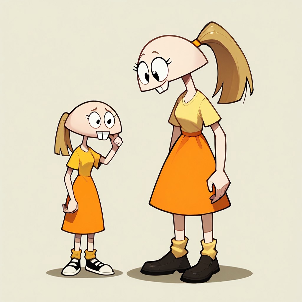 score_9, score_8_up, score_7_up BREAK pegTO, 1girl, bald head, black eyes, yellow hairclip, light brown ponytail, ponytail, buckteeth, bucktooth, no jaw, no lower jaw, half head, jawless, yellow longsleeved shirt, orange skirt, yellow socks, white black shoes,