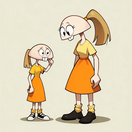 score_9, score_8_up, score_7_up BREAK pegTO, 1girl, bald head, black eyes, yellow hairclip, light brown ponytail, ponytail, buckteeth, bucktooth, no jaw, no lower jaw, half head, jawless, yellow longsleeved shirt, orange skirt, yellow socks, white black shoes,