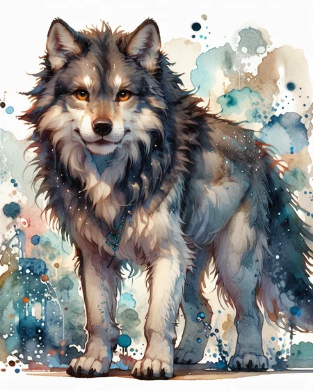 score_9, score_8_up, score_7_up, intricate details, rating_safe,
<lora:SoftWatercolors:1>, SoftWaterColor, 1boy(,
feral furry, wolf,
full body, looking at the viewer, solo, friendly expression), detailed background, depth of field, subsurface scattering,
<lora:ral-chrosc-clr:0.3>, ral-chrosc-clr,
<lora:xl_more_art-full_v1:0.3>,
<lora:add-detail-xl:0.3>