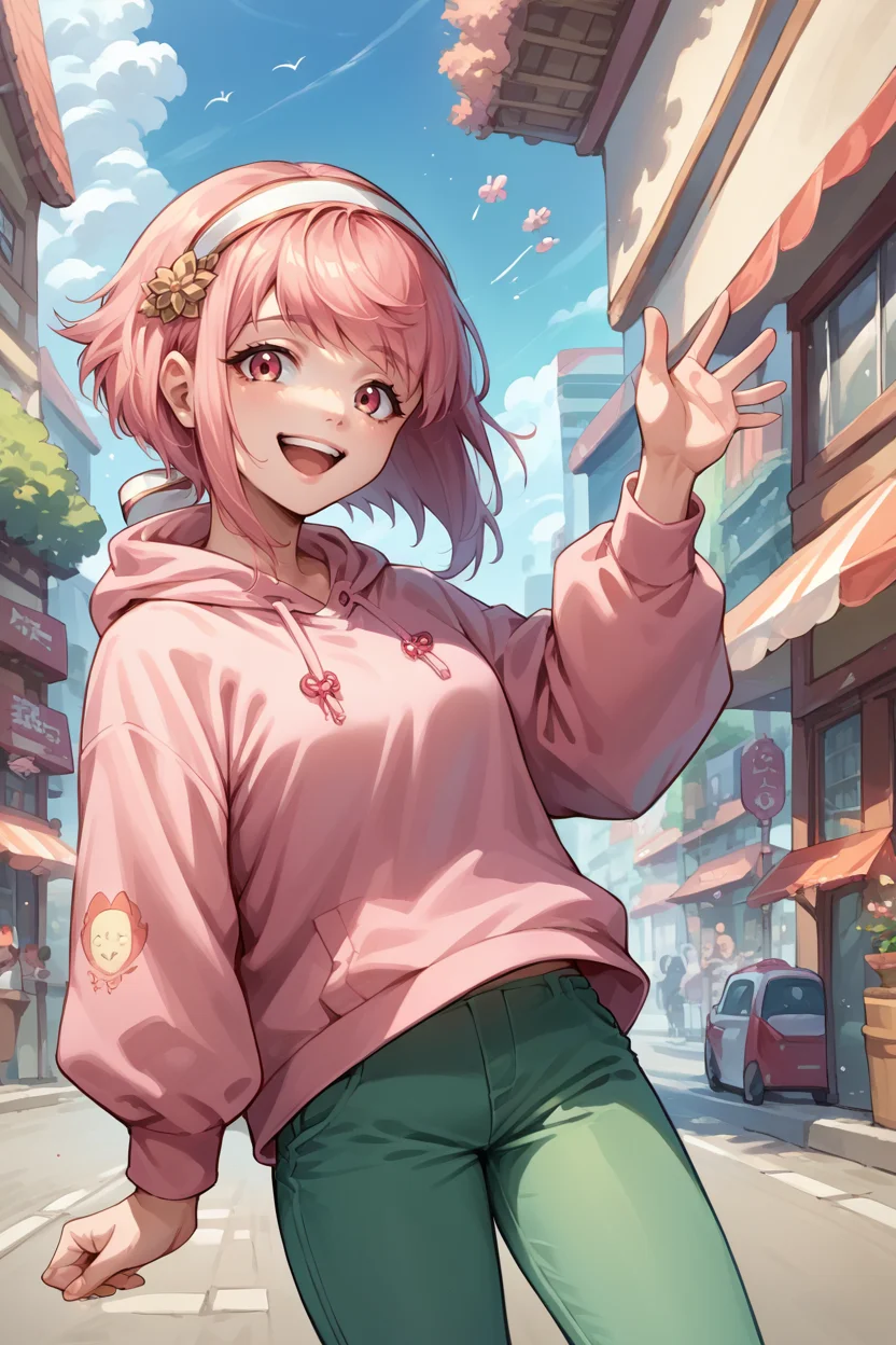 score_9, score_8_up, score_7_up, score_6_up, source_anime, 1girl, solo, <lora:fesakura-pdxl-nvwls-v1-000008:1> defSaku, pink hair, short hair, white hairband, pink hoodie, green pants, happy, waving, city, blue sky, looking at you