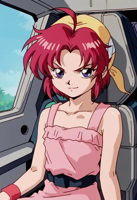 score_8, score_8_up, score_7_up, AWGXS, anime screenshot, retro artstyle,1990s (style), cel animation BREAK 1girl, female focus, solo, Karin_CR, ahoge, yellow bandana, bandana, red hair, short hair, parted bangs, sidelocks, bare shoulders, dress, pink dress, belt, wristband, cockpit, straight-on, looking at viewer, serious expression, smile, sitting, upper body, rating_safe