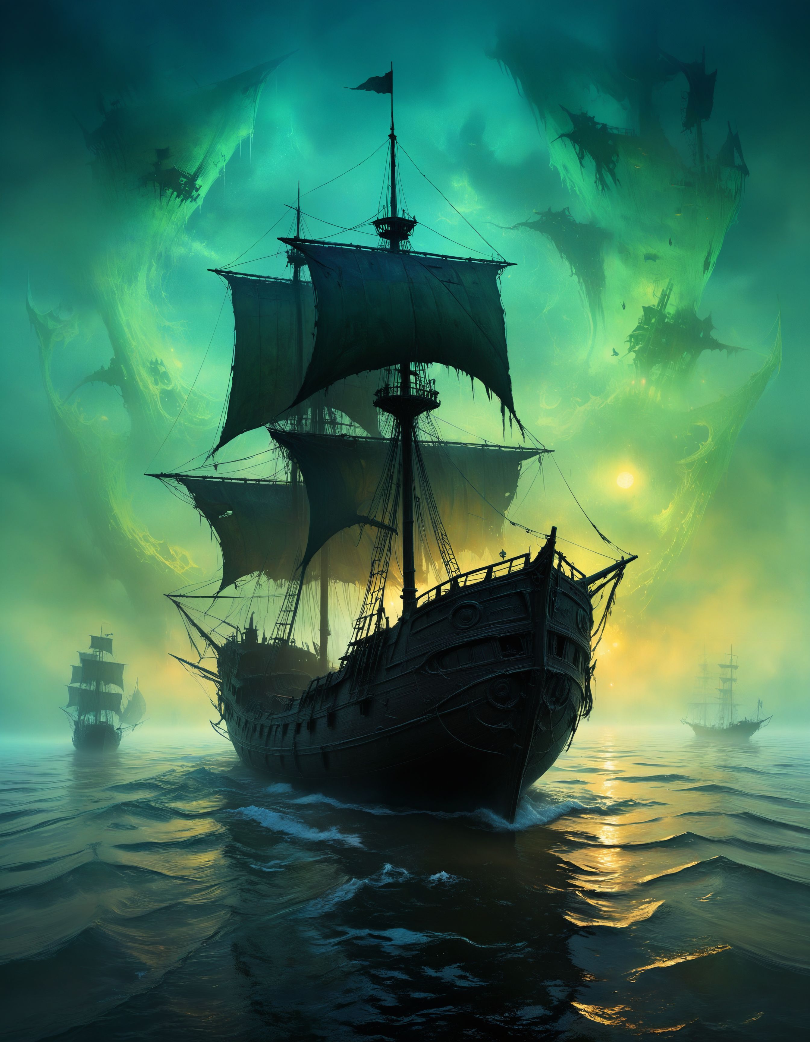 by Abigail Larson, by Zdzislaw Beksinski, by H. R. Giger, by Stephan Martiniere, a haunted ghost ship sailing through a foggy sea, with tattered sails and glowing ethereal figures, in the (style of Cel Shaded Art:1.6), limited dark color palette, unusual colors, highly dramatic volumetric lighting
<lora:xl_more_art-full_v1:0.5> <lora:- SDXL - vanta-black_contrast_V3.0:0.4> <lora:SDXL_black_and_color_Sa_May:0.5> dark, black and color <lora:sss:0.7> sss