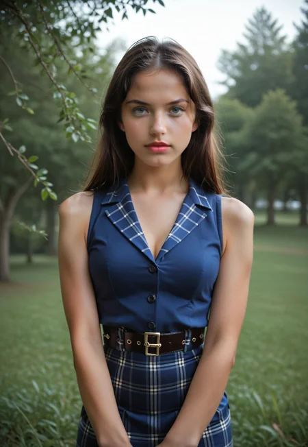 cinematic photo , score_9, score_8_up, score_7_up, olz_maja1, 1girl, 28 years old, realistic, lips, looking at viewer, solo, rule of thirds, stonehenge, at Midnight hour, v arms, (sleeveless), plaid_skirt, tearing up, photo by John Loengard, . 35mm photograph, film, bokeh, professional, 4k, highly detailed