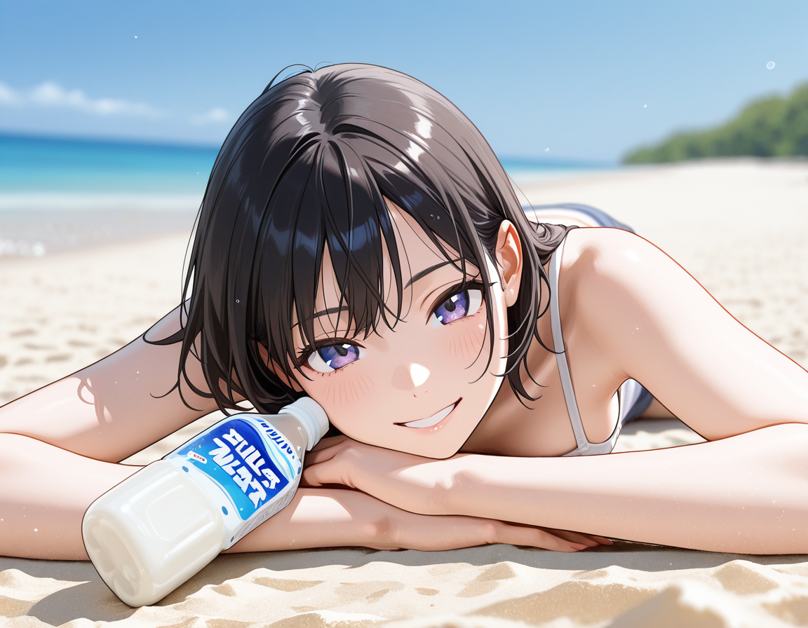score_7_up, anime BREAK official art, 
<lora:Calpis_Water:1>, Calpis Water, 
1girl, solo, smile, plastic bottle, looking at viewer, blurry, blurry background, day, lying, outdoors, on stomach, beach, arm pillow, 
(masterpiece:1.3), best quality, high resolution, unity 8k wallpaper, extremely detailed CG, 8K, (watercolor \(medium\), muted color, sketch:1.1), perfect anatomy, highly finished, masterpiece, best quality, high quality, amazing quality, great quality, very aesthetic, ultra detailed, highres, absurdres, highly detailed, highly detailed background,
