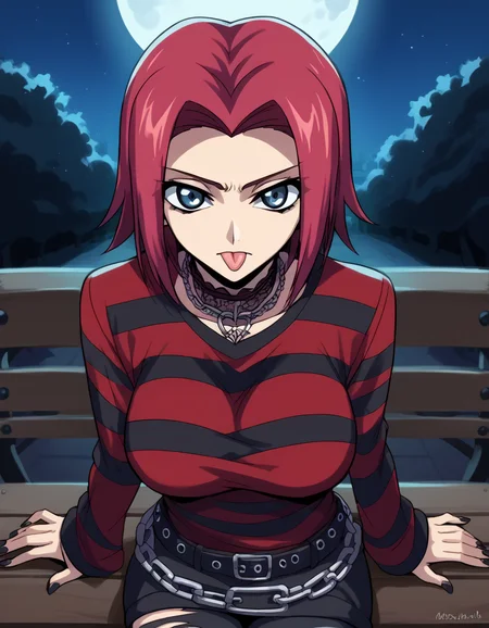score_9, score_8_up, score_7_up, source_anime, <lora:kallen-stadtfeld-s1-ponyxl-lora-nochekaiser:1>, kallen stadtfeld, blue eyes, red hair, short hair, large breasts,, <lora:emo-fashion-ponyxl-lora-nochekaiser:1>, emo fashion, torn sweater, two-tone sweater, sweater under shirt, striped sweater, lace-trimmed choker, belt chain, red sweater, black sweater, goth fashion, street, night, moon, sitting, bench, from above, tongue out, cowboy shot, looking at viewer