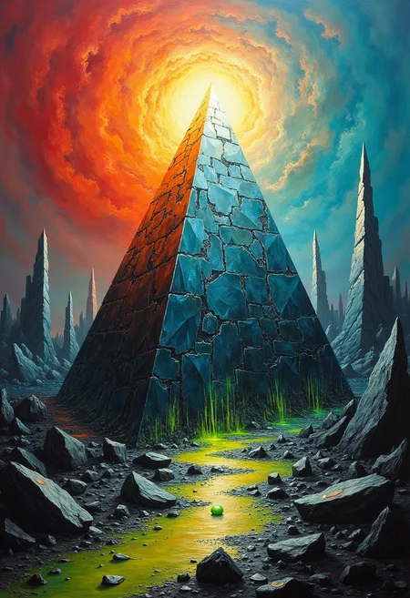 Abstract expressionist-surrealist-futurist fusion of "absolute power corrupts absolutely," without human figures. In the foreground: a massive, crystalline pyramid, covered in shattered mirrors, warps reality as its blurred edges twist and distort. Tendrils of corruption, toxic neon green and oily black, seep from the base, infecting the landscape.
Background: a fluid, morphing cityscape of unstable buildings that twist and melt. The sky is a violent swirl of crimson and electric blue, streaked with tarnished gold.
At the center: a pulsating energy orb, representing power, absorbs everything around it. Laws, constitutions, and moral codes disintegrate as they’re drawn in, symbolizing their destruction.
Ethereal light from the orb casts prismatic shadows, bending and refracting off the pyramid’s mirrored surface, creating disorienting patterns.
Bold, chaotic brushstrokes capture the background, while precise geometric patterns define the pyramid. Drip painting technique brings visceral texture to the corruption tendrils.
The color palette mixes deep purples, toxic greens, electric blues, and tarnished golds, with flashes of warning red and sterile white for contrast.
Abstract symbols (currency, religious icons, flags) spiral into the orb, losing form and meaning, alongside shards of broken ideals and shattered dreams. Subtle representations of eroding ethics, twisted truths, and corrupted systems appear throughout, creating a visually striking, thought-provoking.
