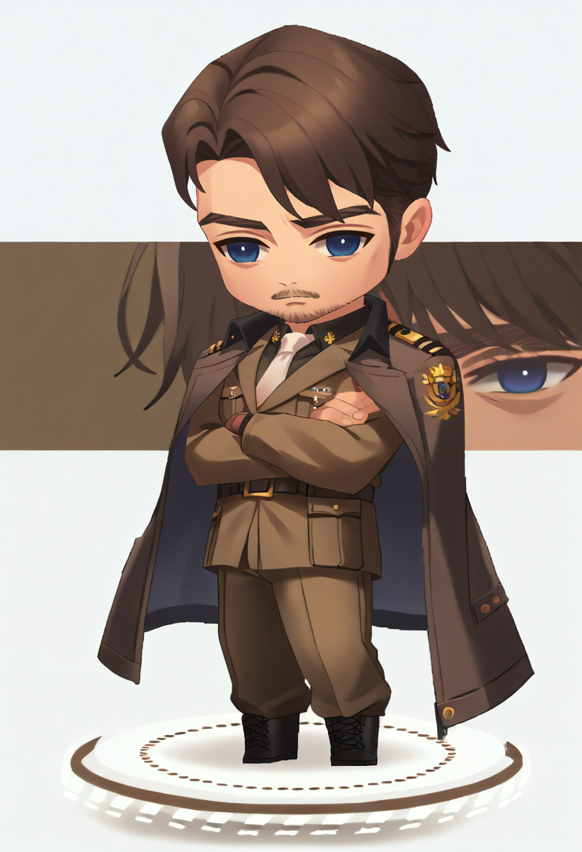 source_9,source_8_up,source_7_up,jeloandersen,solo,chibi,standing,full body,mature male,brown hair,blue eyes,facial hair,military uniform,brown jacket,white necktie,belt,brown pants,combat boots,<lora:Andersen-JeloXL:0.8>,<lora:chibi-nikke-richy-v1_pdxl:1>,