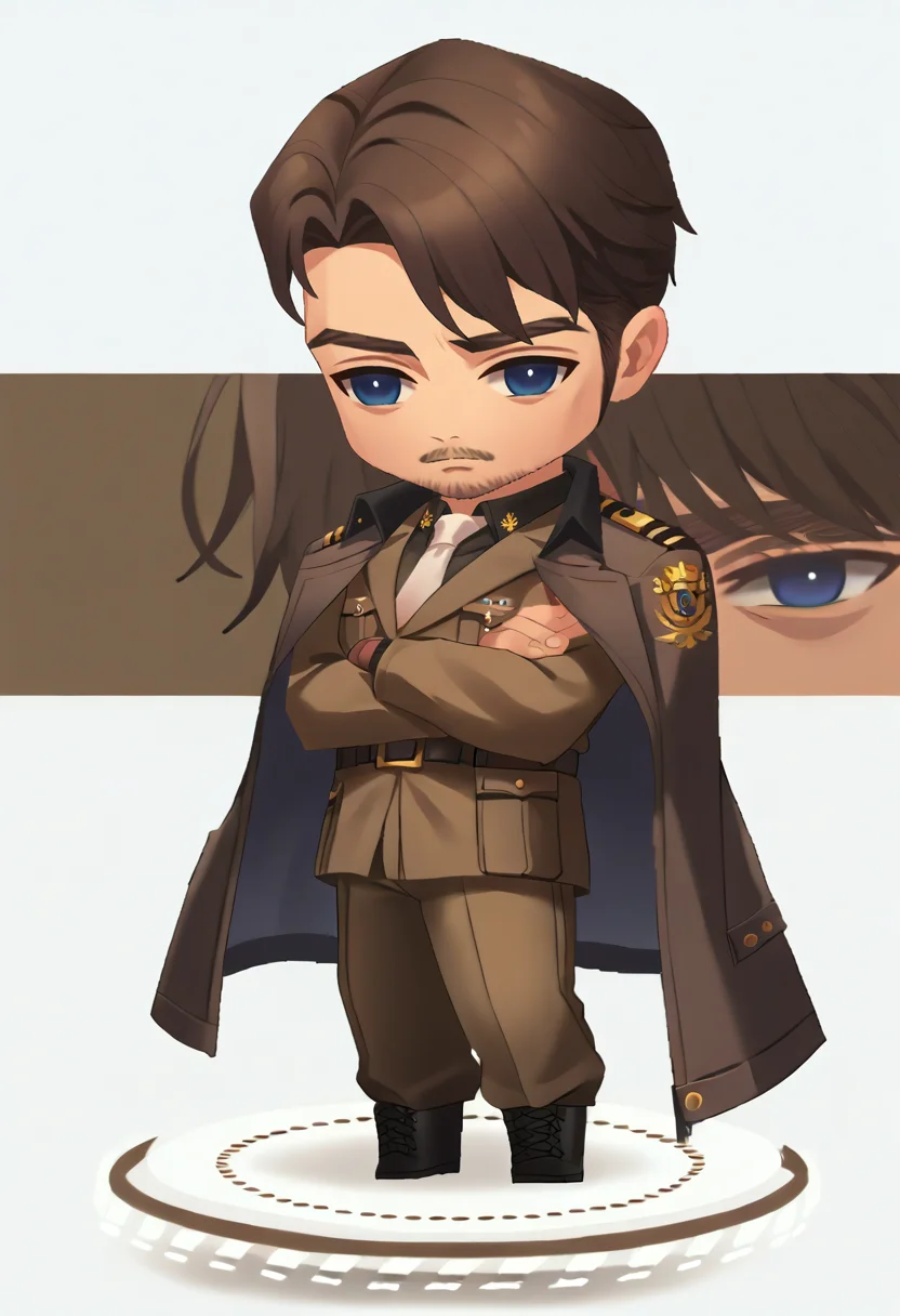 source_9,source_8_up,source_7_up,jeloandersen,solo,chibi,standing,full body,mature male,brown hair,blue eyes,facial hair,military uniform,brown jacket,white necktie,belt,brown pants,combat boots,<lora:Andersen-JeloXL:0.8>,<lora:chibi-nikke-richy-v1_pdxl:1>,