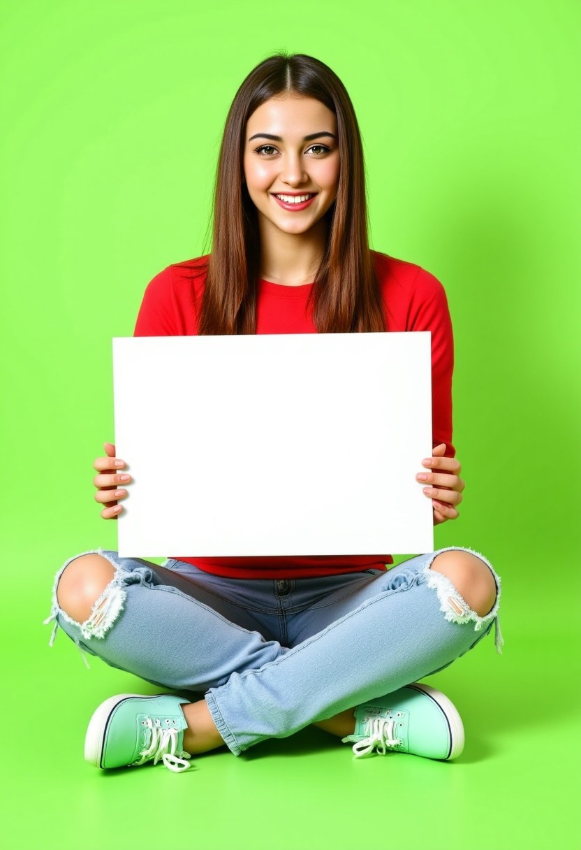 A photograph of a young Caucasian woman with long, straight, light brown hair and fair skin, sitting cross-legged on a green background. She is smiling, wearing a bright red long-sleeved top and light blue, slightly distressed jeans with a knee patch. Her mint green sneakers have white laces and soles. She holds a large, blank, white blank placard on her lap, facing the camera. The overall image is bright and cheerful, with a minimalist, clean aesthetic.
Cute_Holders, ( aidmafluxpro1.1 )