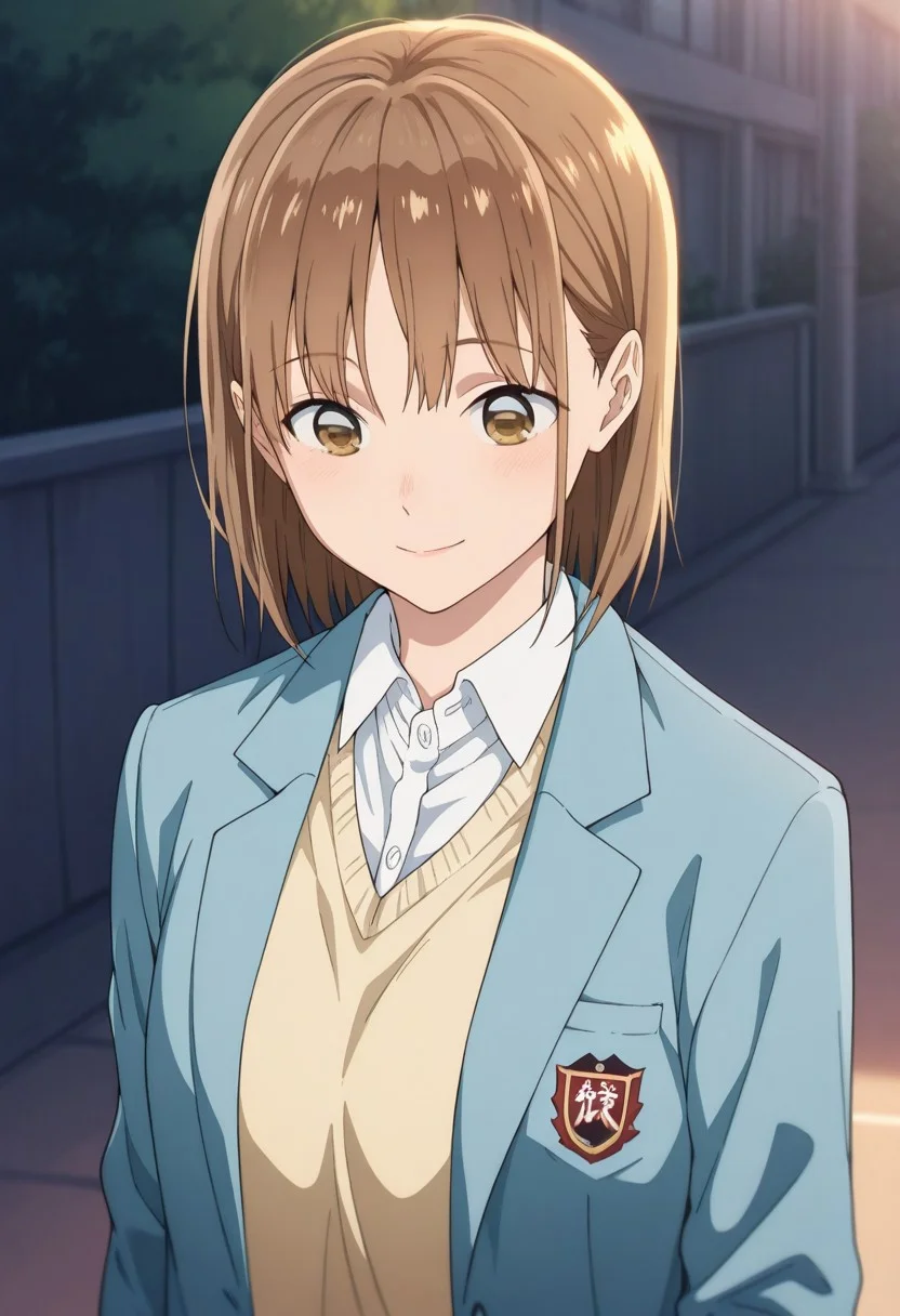 masterpiece,best quality,amazing quality,
chinatsu, 1girl, solo, brown eyes, brown hair, bangs, school uniform, shirt, white shirt, collared shirt, cardigan, jacket, blazer, blue jacket, long sleeves, open jacket, open clothes, smile, upper body, outdoor, front view,