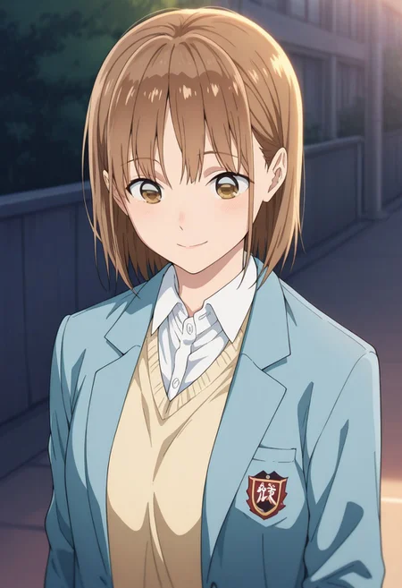 masterpiece,best quality,amazing quality,
chinatsu, 1girl, solo, brown eyes, brown hair, bangs, school uniform, shirt, white shirt, collared shirt, cardigan, jacket, blazer, blue jacket, long sleeves, open jacket, open clothes, smile, upper body, outdoor, front view,