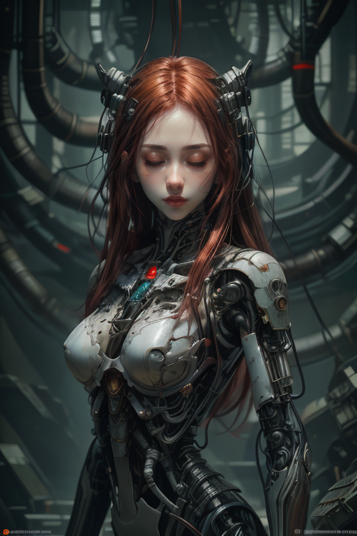 masterpiece,best quality,absurdres,ultradetailed,8K,photorealistic,
1girl,
at distance,
makeup,
kpop idol,pale skin,closed eyes,
long hair,red hair,
<lora:robotorso_v1.0:0.5>,robot_torso,robot girl,android,hanging,mechanical parts,cable,(intricate details:0.9),(hdr, hyperdetailed:1.2),<lora:Concept_-_Hella-sthetic_v2:0.7>,, intricate, elegant, highly detailed, symmetry, magical atmosphere, sharp focus, majestic, very coherent, radiant, advanced, cinematic, artistic, fine detail, winning, beautiful, stunning, dramatic light, designed, rich deep colors, perfect professional background, ambient, tailored set composition