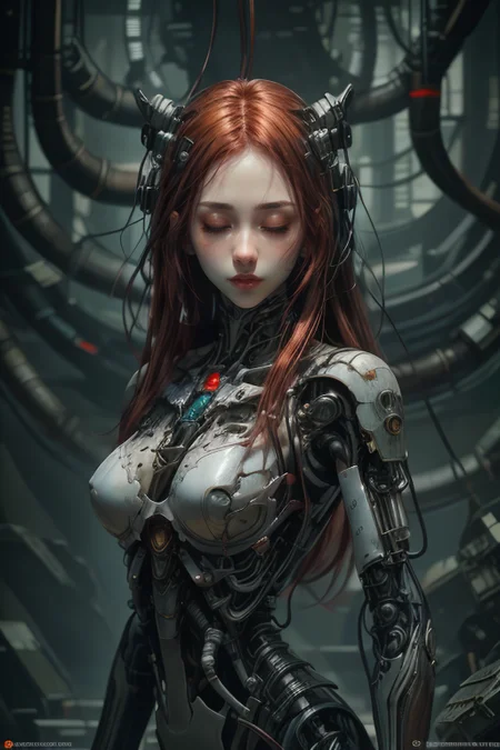masterpiece,best quality,absurdres,ultradetailed,8K,photorealistic,
1girl,
at distance,
makeup,
kpop idol,pale skin,closed eyes,
long hair,red hair,
<lora:robotorso_v1.0:0.5>,robot_torso,robot girl,android,hanging,mechanical parts,cable,(intricate details:0.9),(hdr, hyperdetailed:1.2),<lora:Concept_-_Hella-sthetic_v2:0.7>,, intricate, elegant, highly detailed, symmetry, magical atmosphere, sharp focus, majestic, very coherent, radiant, advanced, cinematic, artistic, fine detail, winning, beautiful, stunning, dramatic light, designed, rich deep colors, perfect professional background, ambient, tailored set composition