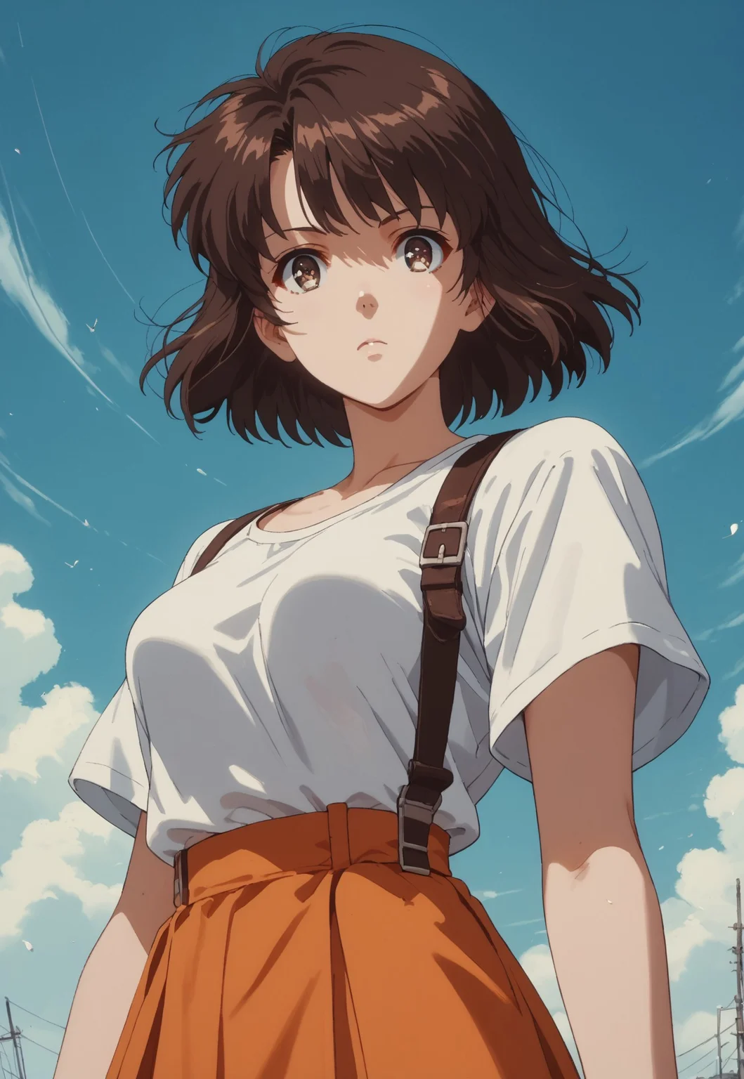 safe_pos, score_9, score_8_up, score_7_up, score_6_up, source_anime,
1girl,Megumi <lora:KatoMegumi:1>,brown hair,katou megumi,brown eyes, short hair, orange skirt, medium breasts, in motion, equipment, straps, wind, stands spectacularly,beautiful angle, epic, atmospheric,high detail, looking at viewer, knva, halftone effect, retro artstyle, <lora:Kenva:0.8>