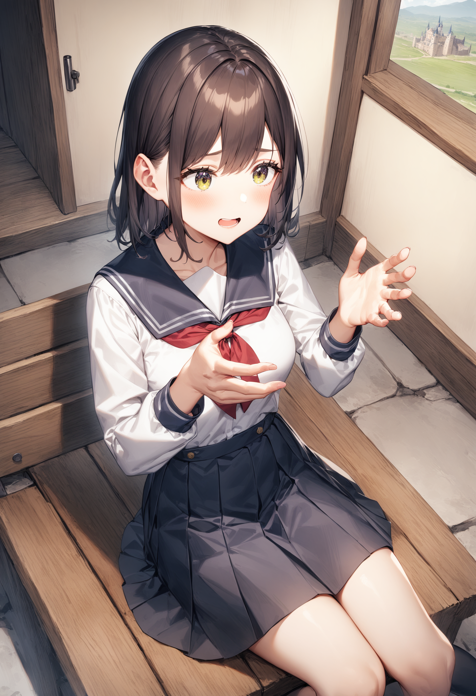 1girl, <lora:sdxl2-flat2-512b:-1>,medium breasts,school uniform,
potters wheel pose,<lora:potterswheelpose_XL_v1:0.7>open mouth, hands up, outstretched hand, sitting, looking away,
from above, wide shot,  confused, at castle,
masterpiece, best quality, very aesthetic, absurdres
