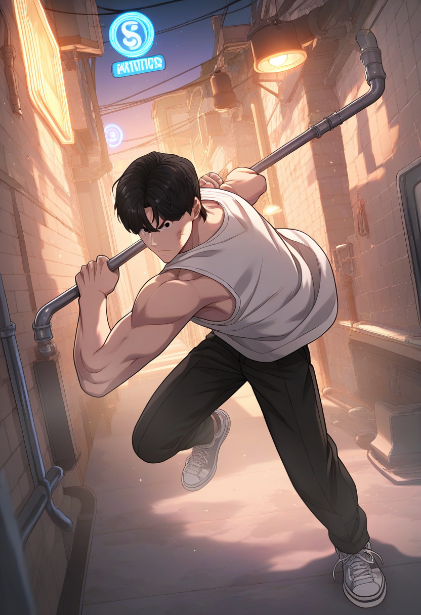 1boy, male focus, solo focus, 
<lora:Character - Questism - Kim Suhyeon:1> kimsuhyeon, black hair, black eyes
,((zPDXL)), score_9_up, score_8_up, score_7_up, score_6_up, score_5_up, score_4_up, best quality, amazing quality, best aesthetic, amazing aesthetic, absurdres, year2023, uncensored, very nsfw, official art, official style,
white tank top,  alley, night, night sky,  surrounded, serious,  fighting stance, lead pipe, holding lead pipe, motion lines, motion blur, fighting, angry, dirty face, dirty, dirty clothes, shoes,
