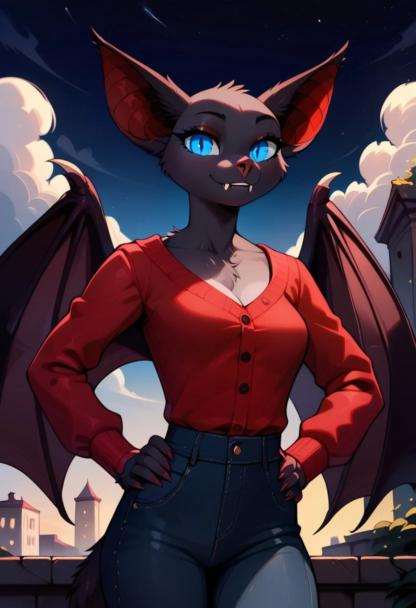score_9, score_8_up, score_7_up, highres, high quality, perfection,
BREAK
1girl, (solo: 2.0), girl alone, front view, portrait,
BREAK
furry female, bat girl, (anthro bat girl: 1.2), beautiful girl, cute girl, adult, 20 years old, detailed body, detailed fur, (black fur: 1.2), one-tone fur, shapely girl, (slim body: 1.2), petite body, (bald_girl: 1.2), (baldness: 2.0), detailed face, beautiful face, eyelashes, (blue eyes: 1.2), glowing eyes, perfect eyes, detailed eyes, (fangs: 1.2), medium breasts, wingarms, winged arms, wings,
clothed, red cardigan, jeans,
standing, hands on hips, looking at viewer, vampire, soft smile,
BREAK
outdoors, starry night, darkness, night city, rooftop, detailed sky, beautiful scenery,