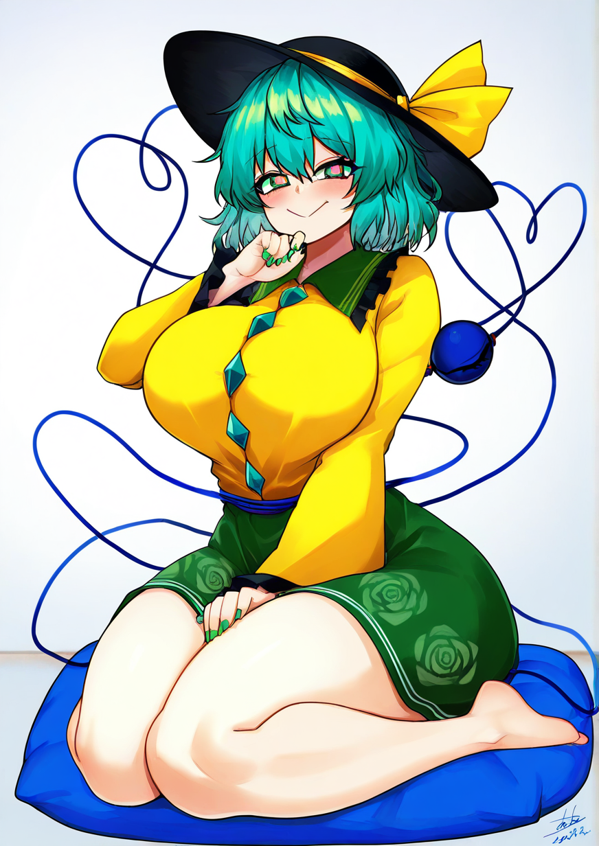 <lora:flash:1>,1girl,1girl, komeiji koishi, detailed background, huge breasts, wide hips, :>, arm up, barefoot, black headwear, blue hair, collar, cushion, dated, fingernails, floral print, foreshortening, frilled shirt collar, frilled sleeves, frills, green collar, green eyes, green nails, green skirt, grey background, hand on lap, hand on own chin, hat, hat ribbon, heart, heart-shaped pupils, heart of string, long sleeves, looking at viewer, nail polish, ribbon, rose print, shirt, short hair, signature, sitting, skirt, smile, solo, symbol-shaped pupils, third eye, wariza, yellow shirt, zabuton, 
very awa, masterpiece, best quality, highres, absurdes,amazing quality