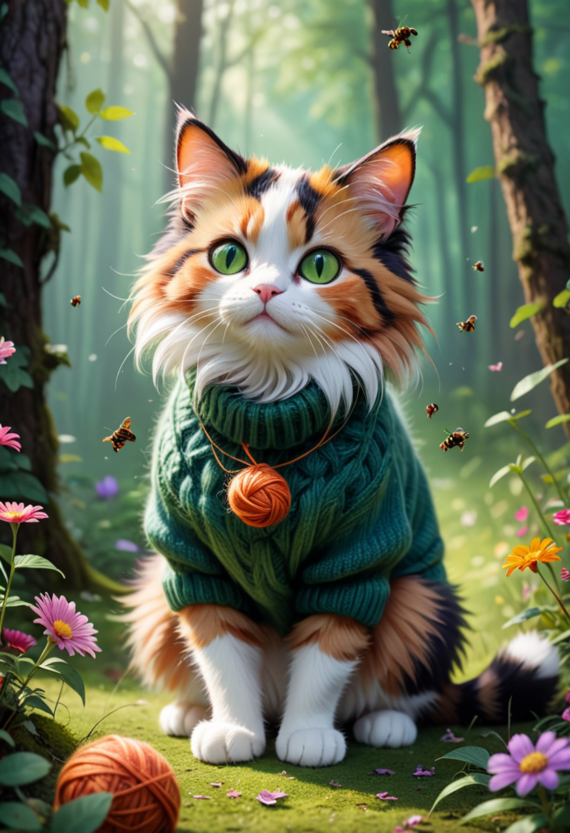 (medium full shot) of (mysterious cat), calico fur, solid, green, cute sweater,  set in  a vibrant forest with colorful flowers, buzzing insects, and a lively environment, while playing with a ball of yarn, Masterpiece,best quality, photo, realistic, very aesthetic,