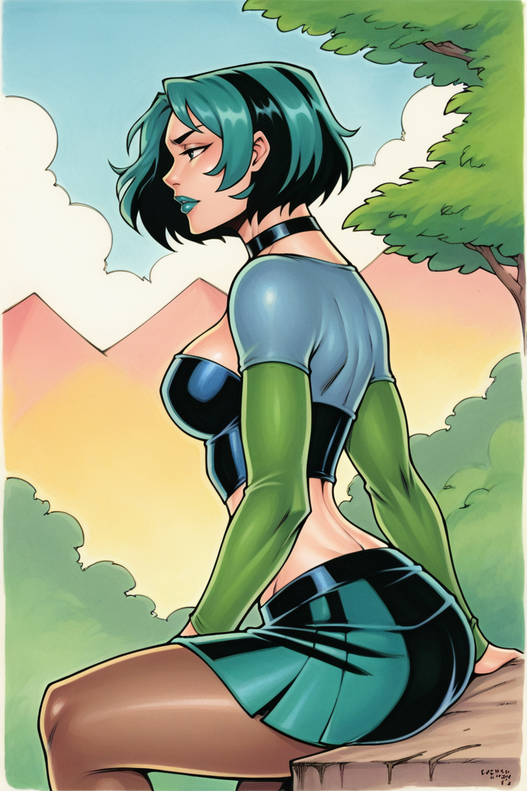 score_9, score_8_up, score_7_up, BREAK, traditional media,  <lora:medsonlima-guy-PONYv1:1>, 1girl, solo, breasts,  <lora:gwentd-guy-ponyv1:0.95> gwentd, two-tone hair, lipstick, choker, crop top, long sleeves, midriff, skirt, pantyhose, from behind, from side,  sitting, horizon, outdoors,