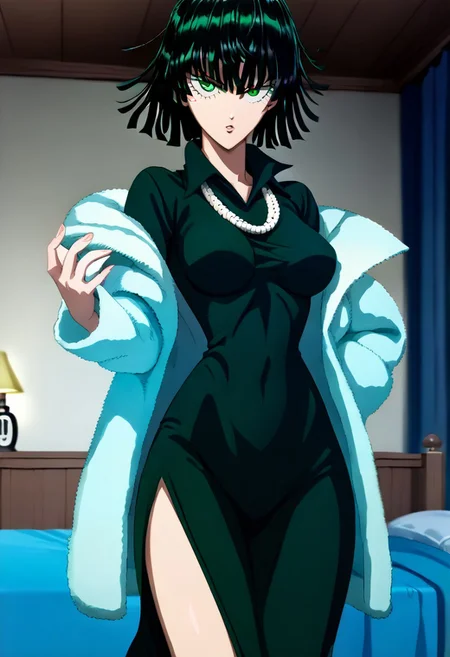 masterpiece, score_9, score_7_up , eyes detail, , eyes hd , , high definition eyes, high definition hands ,
BREAK,
sm_an_stl ,source_anime, anime screencap, anime, animification, ,bedroom, ,
,
FUBUKI_(ONE_PUNCH_MAN), (one-punch man\), black hair, green eyes, short hair, medium breasts,
<lora:opm-fubuki-anime-s1s2-ponyxl-lora-nochekaiser:1>, fubuki, fubuki \(one-punch man\), black hair, green eyes, short hair, large breasts,
black dress, dress, fur coat, high collar, jewelry, necklace, off shoulder, taut clothes, taut dress,