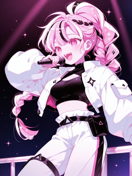 saru, mamimumemo, <lora:GlitterAXL:1> SGCRSA, 1girl, long hair, multicolored hair, braided ponytail, glitter hair, white jacket, white pants, black crop top, white high tops, belt pouch, singing, 
<lora:cfg_scale_boost:0.5> [lazypos], <lora:spo_sdxl_10ep_4k-data_lora_webui:0.4> <lora:retrocute:1>, <lora:omoyunakyu715-_style_Illustrious:0.3> omoyu_nakyu715, smile, solo,
masterpiece, best quality, amazing quality, very aesthetic, absurdres, newest, soft lighting