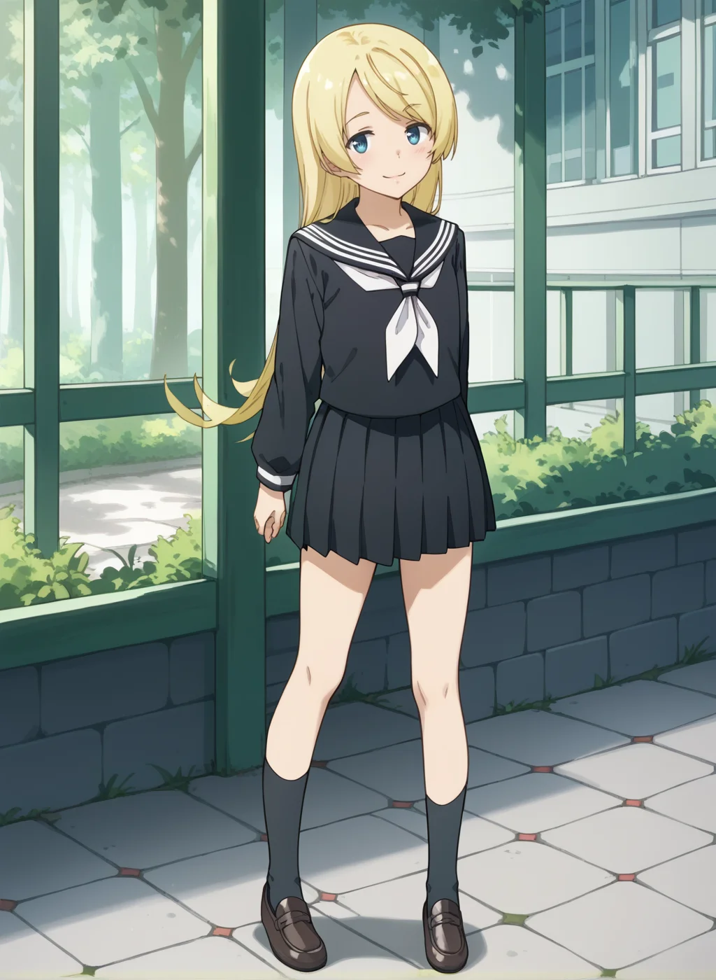 score_9,score_8_up,score_7_up,source_anime,anime,nsfw,rating_explicit,uncensored,High quality,Ultra detailed,best quality,insanely detailed,beautiful,masterpiece,prefect lighting BREAK
<lora:shiina_anzu_V1:1>,(shiina_anzu, blonde hair, long hair, blue eyes, flat chest, school uniform, serafuku, black serafuku, long sleeves,pleated skirt,socks,shoes),1girl,solo,outdoors,smile,standing,front view,,looking_at_viewer,