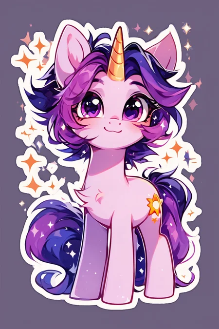 score_9, score_8_up, score_8, BREAK, solo, looking at viewer, smile, closed mouth, standing, purple eyes, full body, purple hair, heart, horns, star (symbol), no humans, sparkle, single horn, outline, white outline, unicorn, my little pony ,abstract background, white outline, <lora:KawaiiKritterPDXL:0.8>, <lora:SDXLFaeTastic2400:0.5>, <lora:Expressive_H-000001:0.4>,