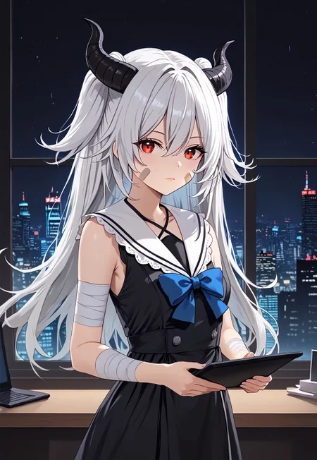 1girl, solo, solo focus, highres, absurdres, PhaseAiko, demon horns, bangs, long hair, hair between eyes, red eyes, two side up, white hair, curled horns,
black dress, white sailor collar, blue bow, frilled sailor collar, sleeveless shirt, criss-cross halter, bandaged arm, white frills,
bandage on face, bandaid on cheek,
looking at viewer, holding tablet pc, from side,
office, window, cityscape, neon lights, dark, very dark, night, night sky, backlighting, silhouette,
