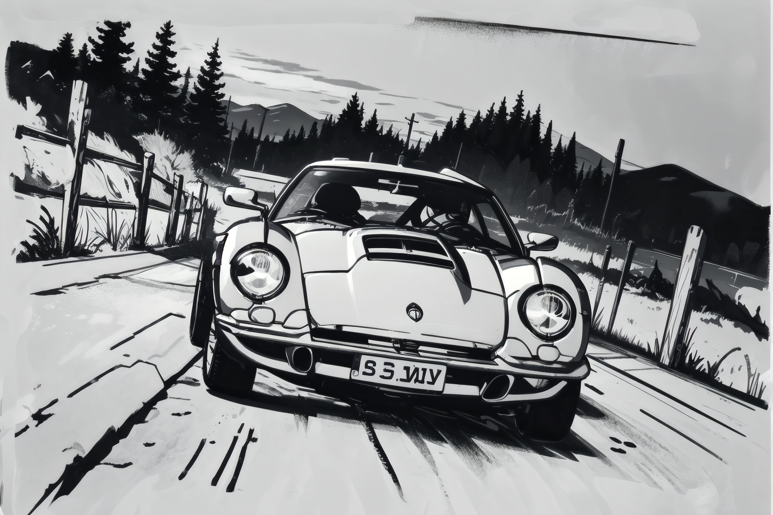 BlackworkStyleManityro, <lora:BlackworkStyle_V1-Manityro-AdamW:1.0>, monochrome, greyscale, sportscar driving on a cliffside road in the night
