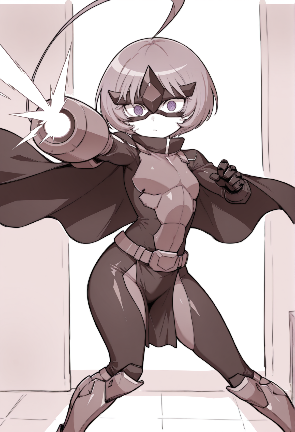 monochrome, lineart, 1girl, short hair, huge ahoge, @_@, armored bodysuit, black cape, purple eyes, purple hair, gloves, black mechanical gauntlets, black eye mask, belt, pelvic curtain, armored boots, indoors, arm cannon, aiming at viewer, firing <lora:Bronco_Mask_Trash:1>   looking at viewer  <lora:biggumane:1>, masterpiece, best quality, amazing quality, very aesthetic, absurdres, highres, newest