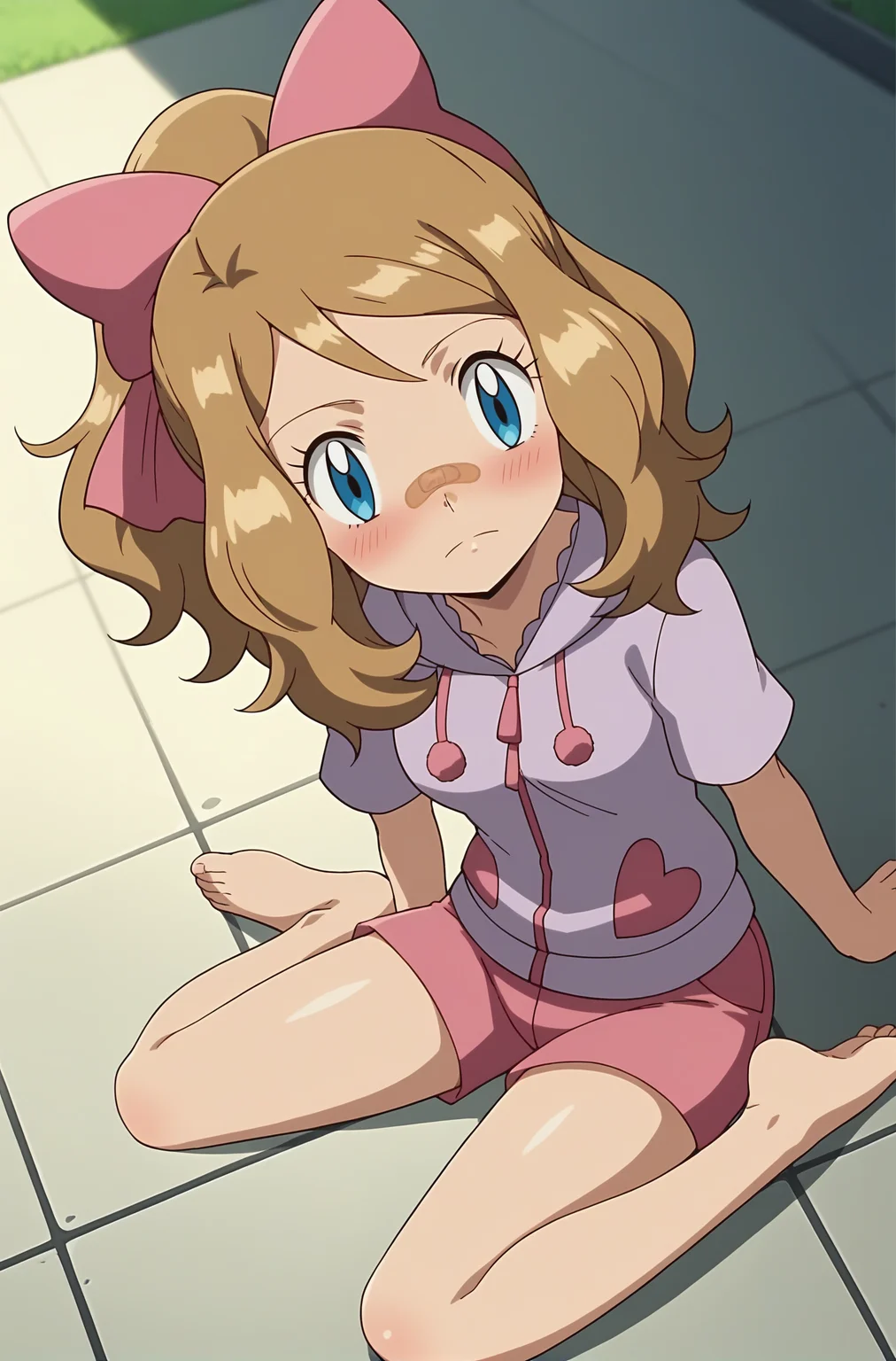 score_9, score_8_up, score_7_up, source anime, anime, animification, anime screencap, anime coloring, vivid colors, shiny skin, skindentation, deep skin, depth of field, high quality, highres, (dynamic angle,dynamic pose),
serenapajamas, 1girl, solo, long hair, looking at viewer, blush, blue eyes, brown hair, bow, sitting, closed mouth, full body, ponytail, hair bow, heart, sidelocks, shorts, barefoot, hood, eyelashes, hoodie, polka dot, pink bow, bandaid, bandaid on face, polka dot background, bandaid on nose, pink shorts, serena \(pokemon\)
BREAK
masterpiece,high quality
<lora:Serena_Pajamas_XL:0.9>