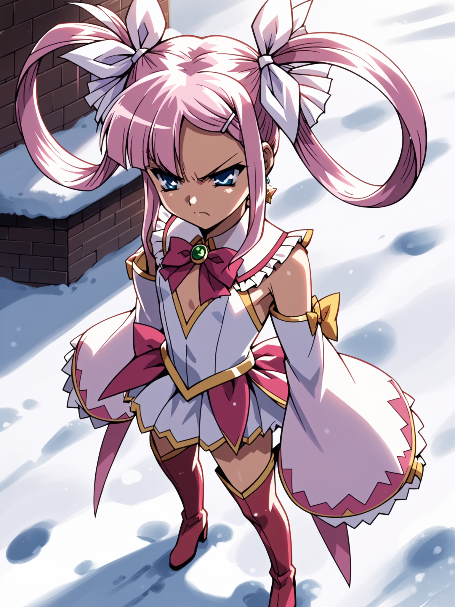 (cowboy shot, solo:1.1) <lora:happy_tentacle-sonshoukou-v0.1-000012:1>, ht_sonshoukou, hair ribbon, hairclip, flat chest, (petite:1.2), <lora:Shed_The_Skin's StS_age_slider_v1_initial_release:1.1> ( :1.1) (sagging breasts:1.1) ( , , (angry :1.2) , , (looking at another:1.2) :1) , outdoors, vegetation, ( :1.1), winter, snow , (dusk :0.6), , (:0.5), , (chinese architecture :0.8), (magical girl, layered clothes:1.2), frills, bow, navel, detached sleeves, gloves, earrings, eyeliner, hair ribbon, thigh boots, (( from above :1.3) :0.8) score_9, score_8_up, score_7_up, score_6_up, score_5_up, score_4_up, [(realistic, photorealistic:1.3):(realistic:1.2):14] [(3d:1.2)::12] <lora:LUUNA's Lunas-NijiJourney-SDXL-B2:0.35>, nijijourney <lora:prgfrg23's Counterfeit-V3.0 Style SDXL_LoRA_Pony Diffusion V6 XL:0.35> <lora:mfcg's mfcgXL:0.12> <lora:reweik's gyokai(himehajime)_PonyXL_style_v01:0.14>
