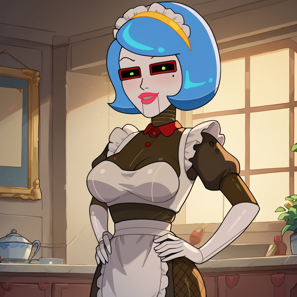 score_9, score_8_up, score_7_up, 1girl, Patricia, blue hair, short hair, hairband, robot, mole, lipstick, green eyes, colored sclera, large breasts, narrow waist, wide hips, maid, maid headdress, maid apron, fishnets, looking at viewer, hands on own hips, highres, high quality, masterpiece, <lora:Patricia:0.8> <lora:Expressive_H:1> Expressiveh